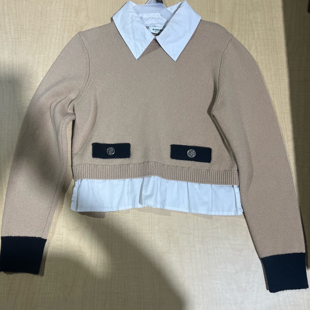 Sandro Tan Sweater with White and Black Accents
